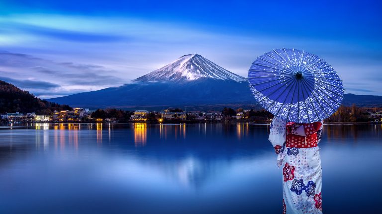 Asian woman wearing a kimono at Mount Fuji.