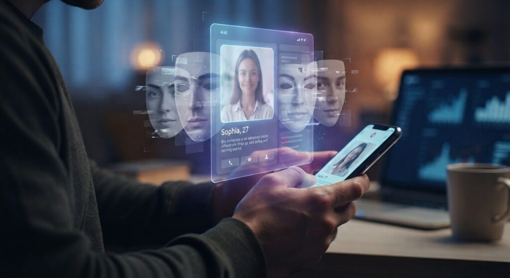 Image depicting a dating app user encountering fake profiles.