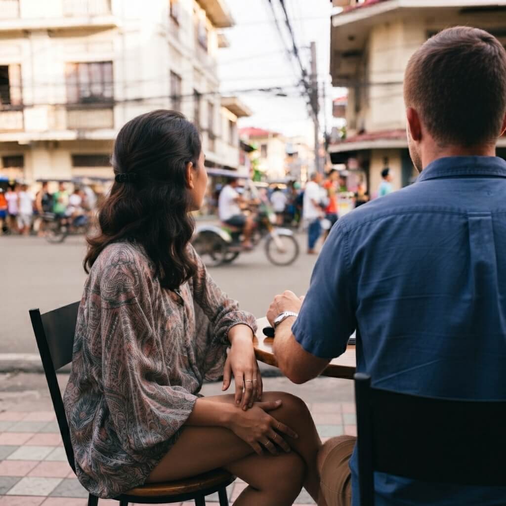 Man and woman seated at a table in the Philippines.