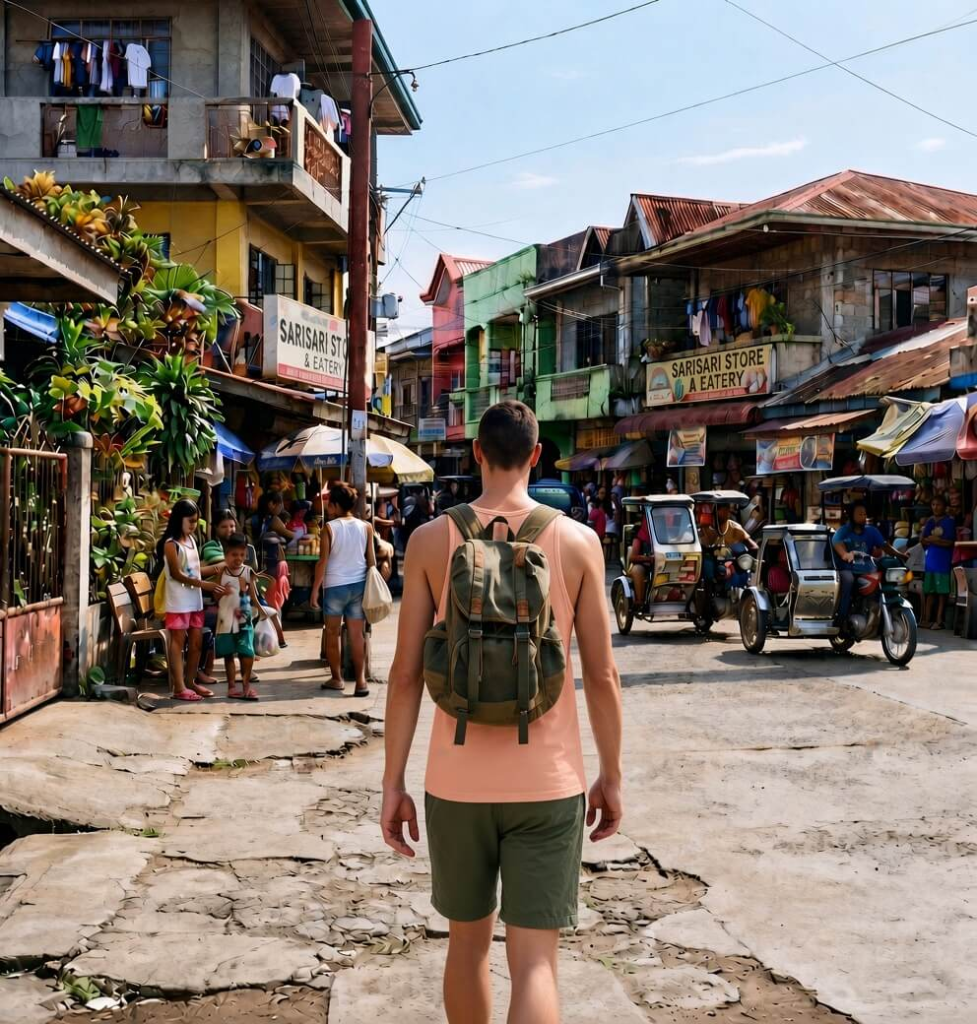 A man wearing an off-white tank top and dark olive shorts walking away down a street in Simbuco, Zamboanga del Norte, with a backpack on.