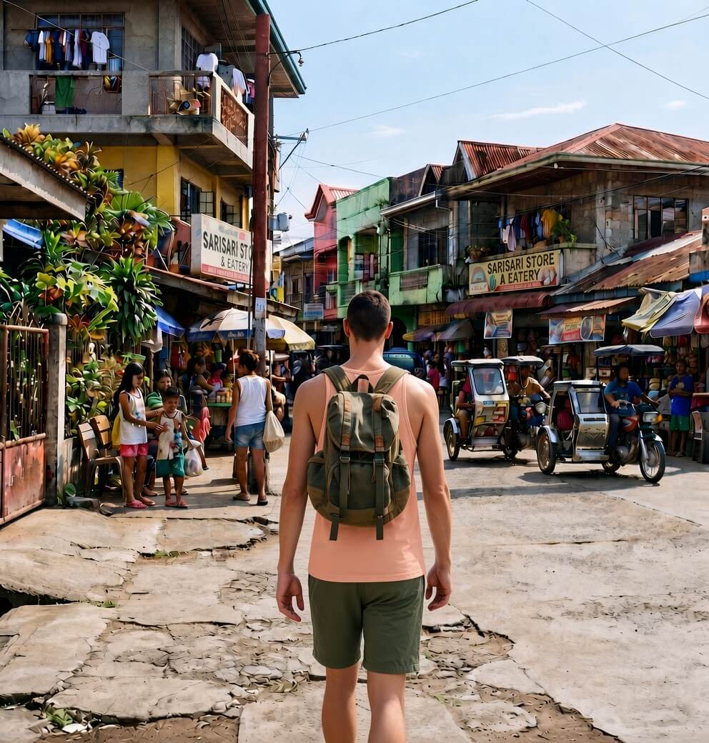 A man wearing an off-white tank top and dark olive shorts walking away down a street in Simbuco, Zamboanga del Norte, with a backpack on.