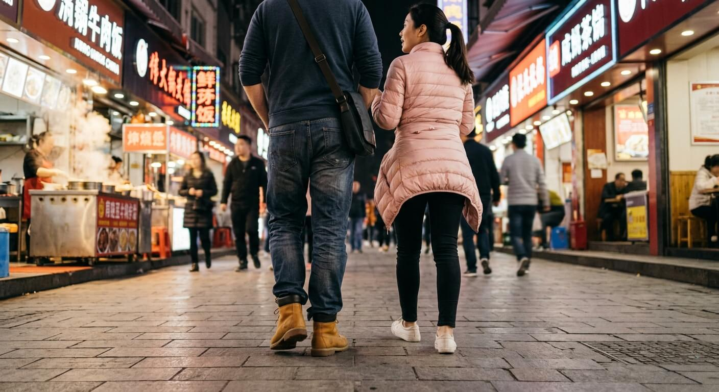 A man and woman strolling together at night in a Chengdu market.