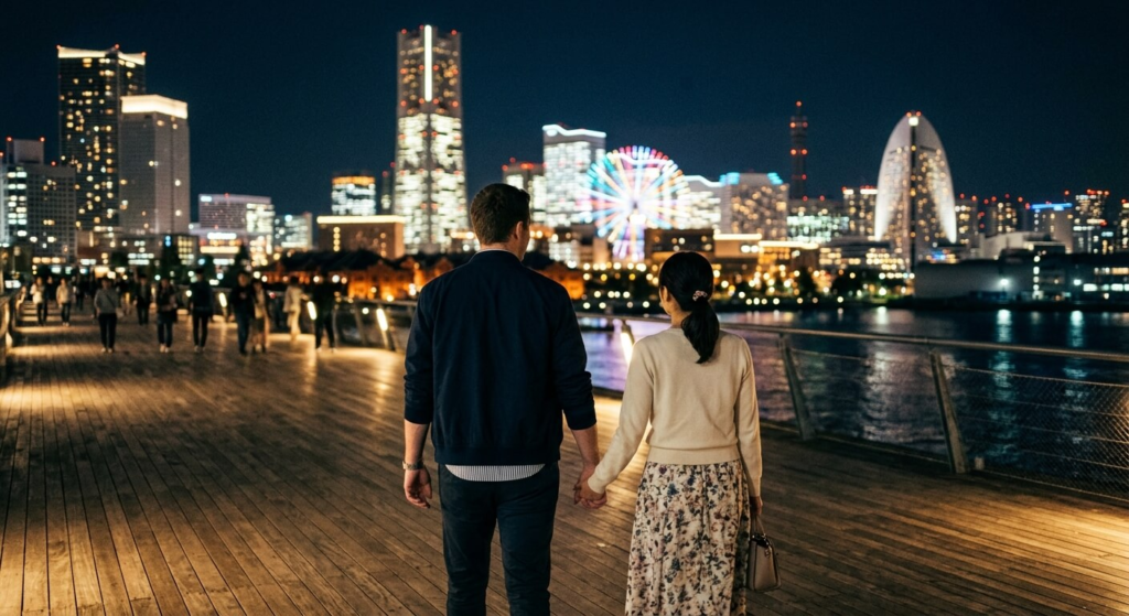 A couples strolls along Yokahama river bank at night.
