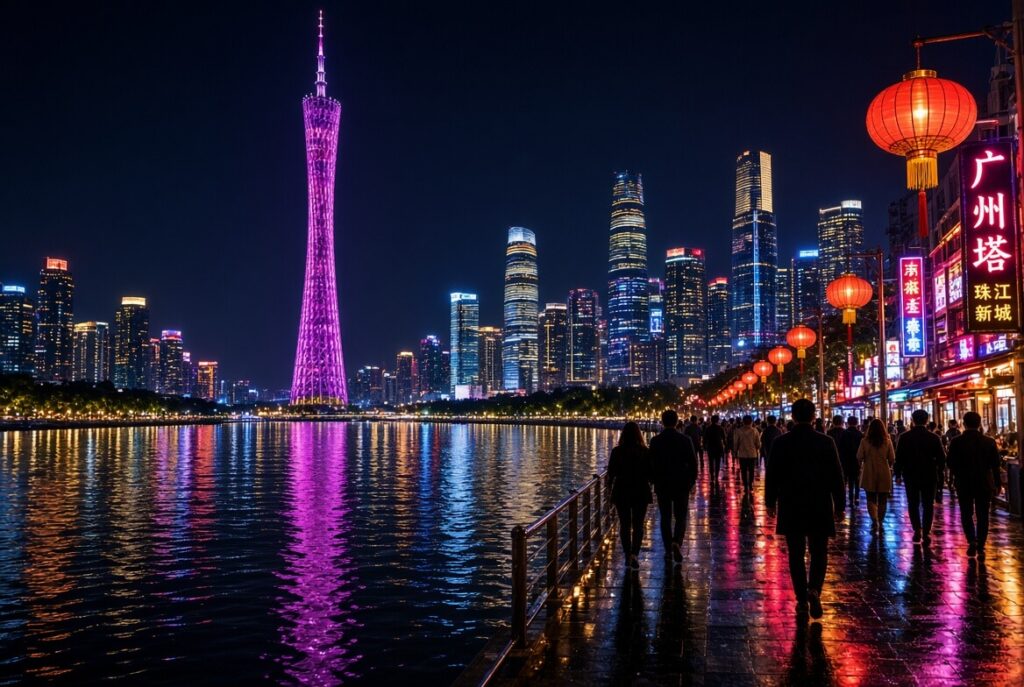 An image of people strolling along the river bank of Guangzhou at night.