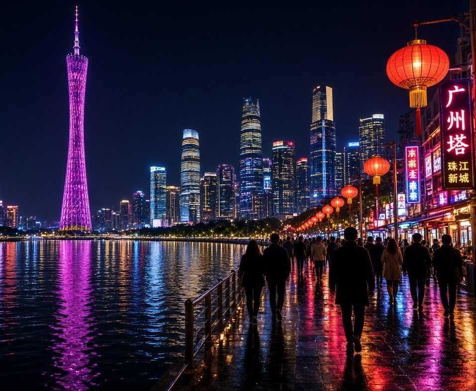An image of people strolling along the river bank of Guangzhou at night.